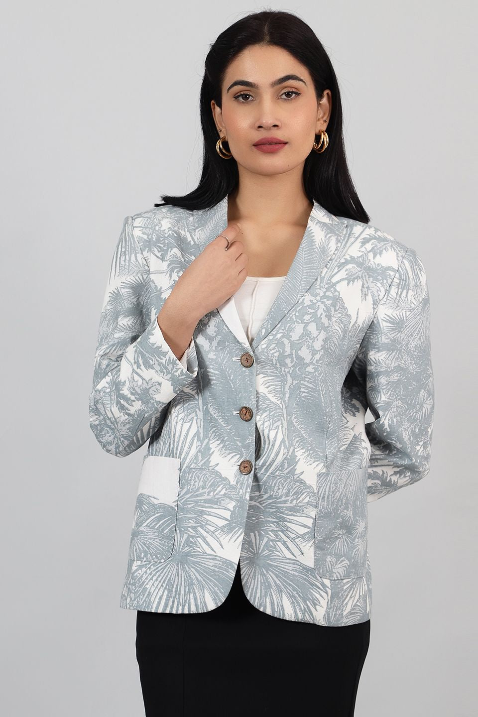 Buy Indophilia Women s Bagru Grey Cotton Blazer Online