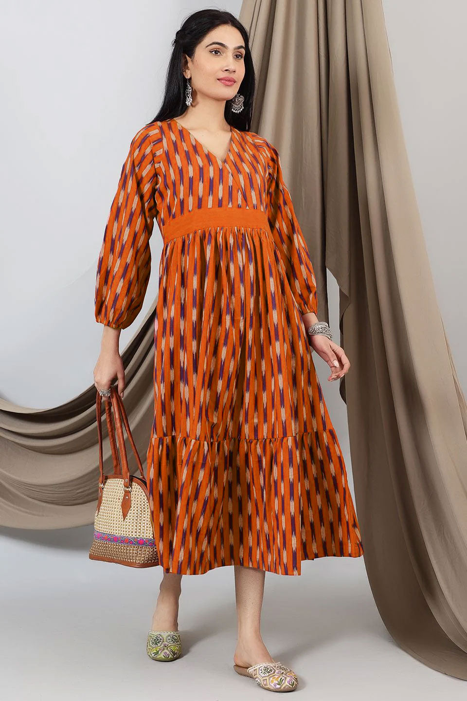 Ikat Orange Cotton Maxi Dress