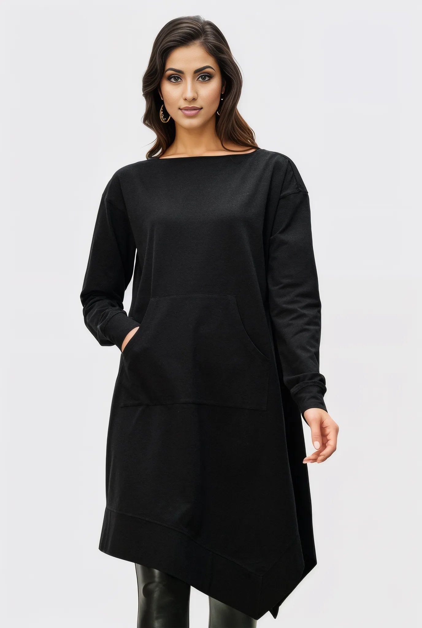 Kangaroo Pocket Cotton Jersey Asymmetric Shift Dress