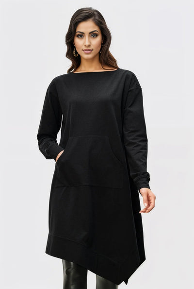 Kangaroo Pocket Cotton Jersey Asymmetric Shift Dress