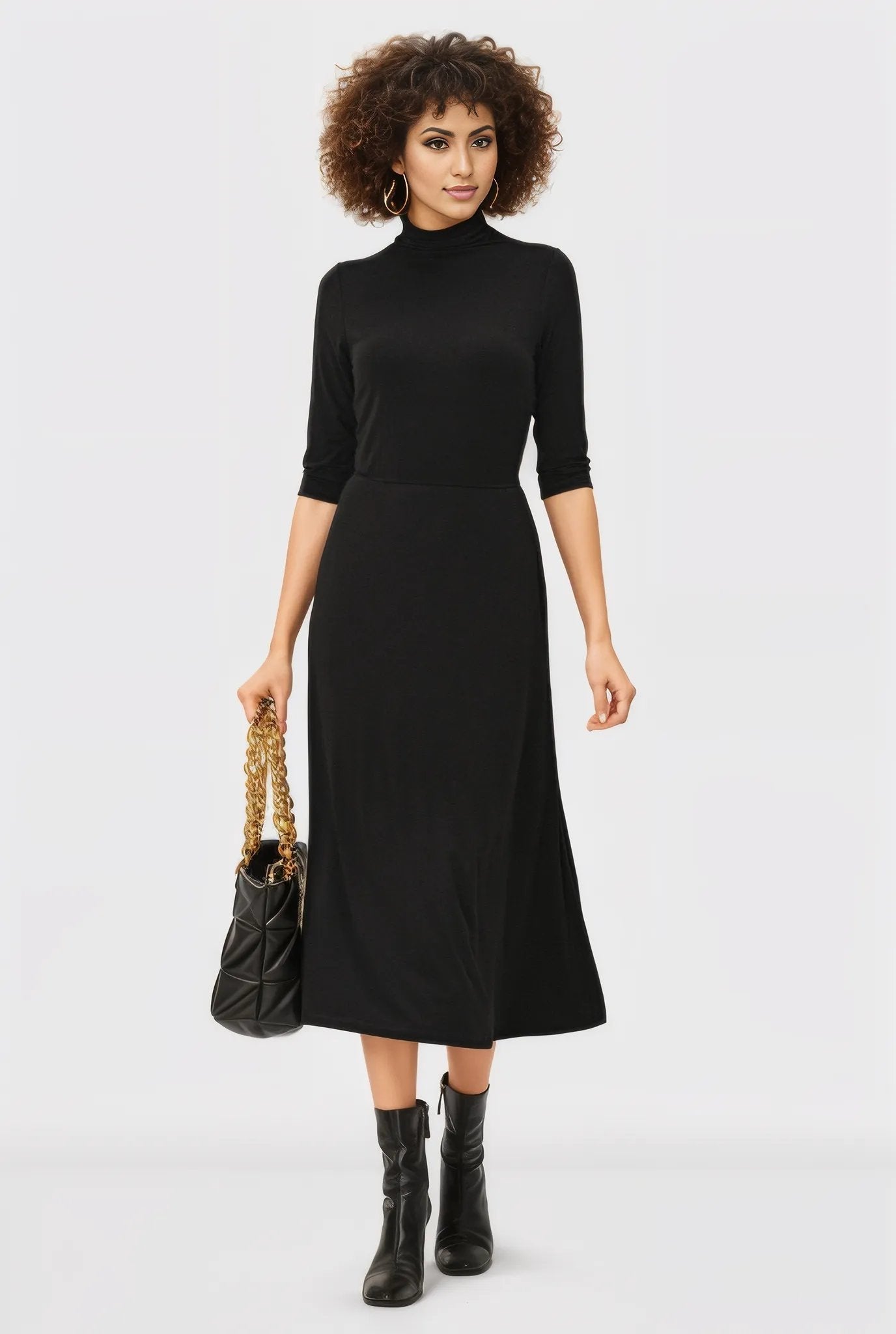 High Neck Jersey Knit A-Line Dress