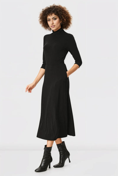 High Neck Jersey Knit A-Line Dress