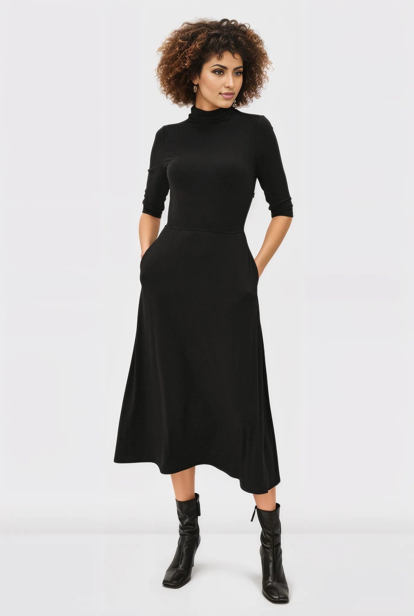 High Neck Jersey Knit A-Line Dress