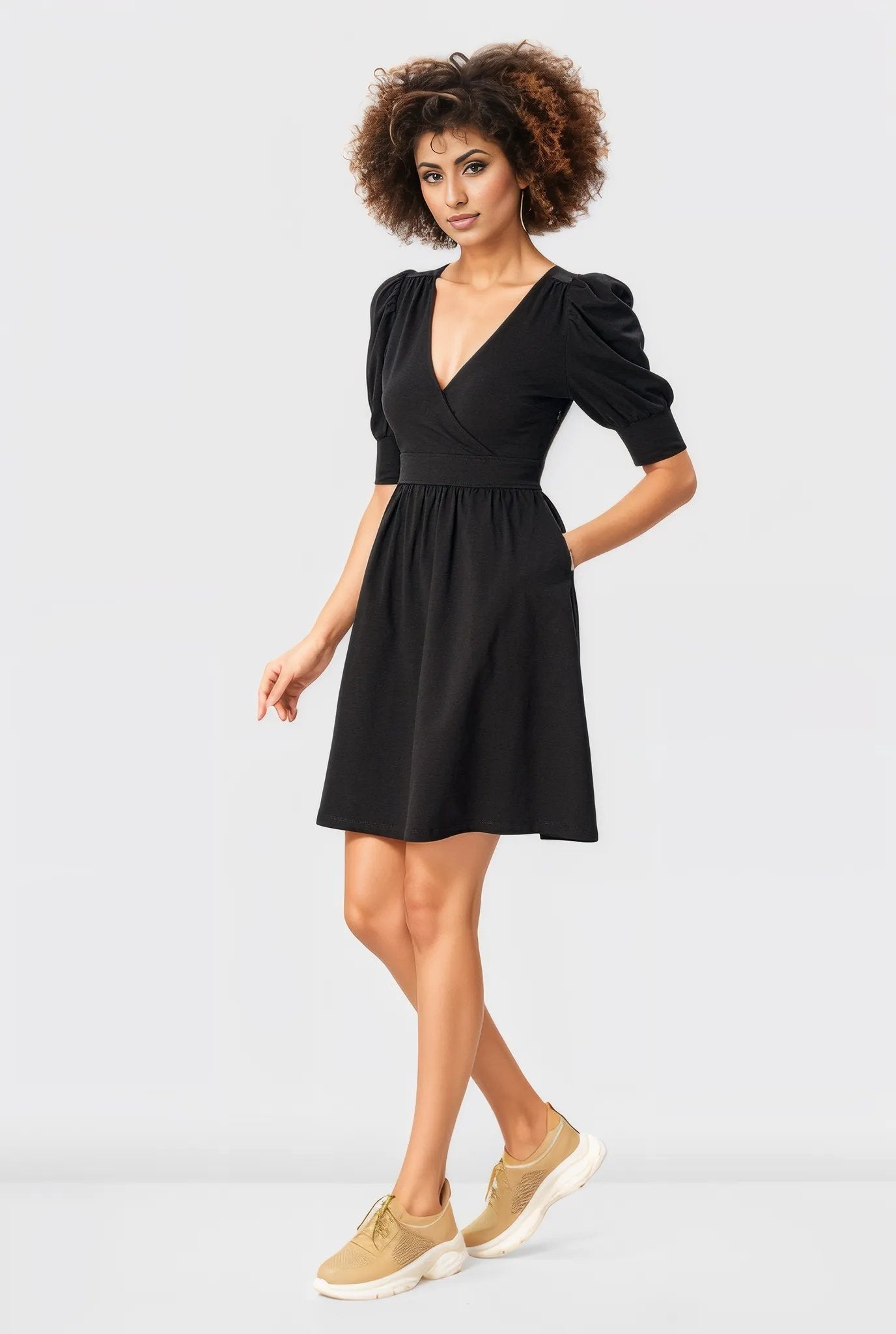 Puff Sleeve Cotton Jersey Surplice Dress