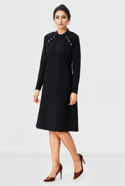 Gold Tone Button Cotton Jersey A-Line Dress