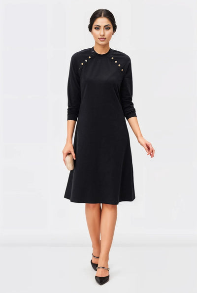 Gold Tone Button Cotton Jersey A-Line Dress