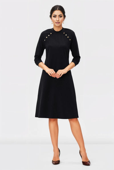 Gold Tone Button Cotton Jersey A-Line Dress