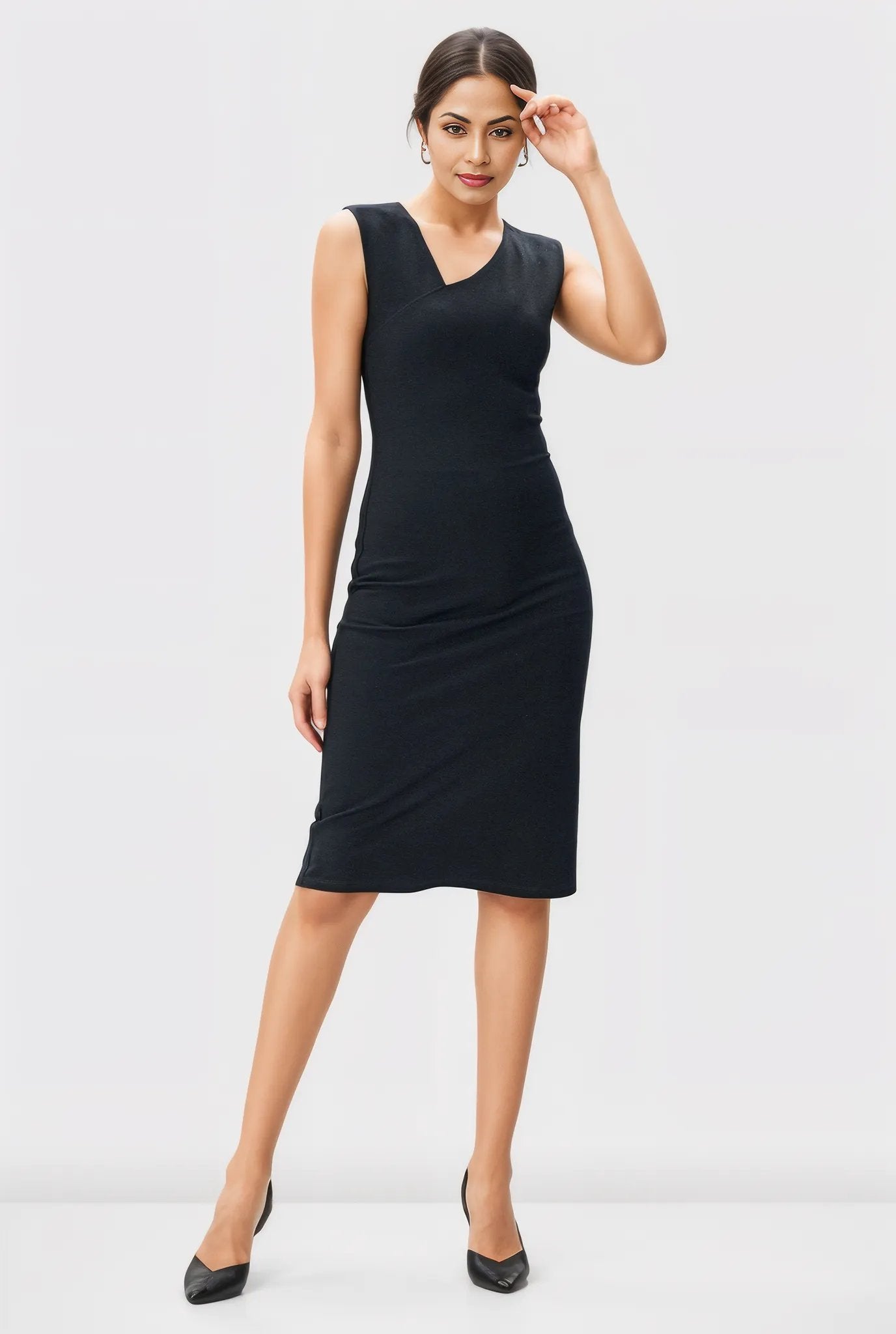 Asymmetric Neck Ponte Knit Sheath Dress