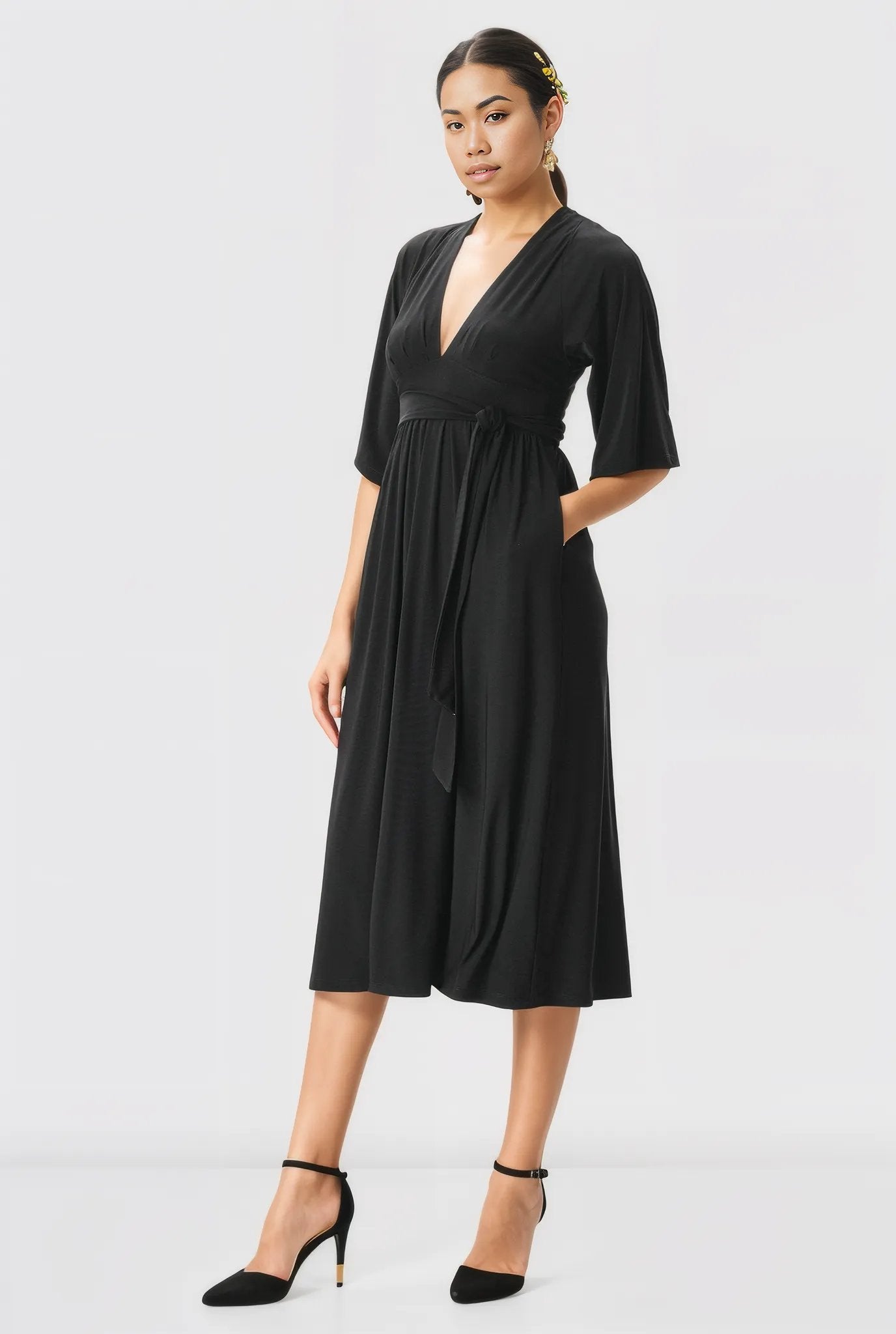 Plunge Jersey Knit Sash Tie Dress