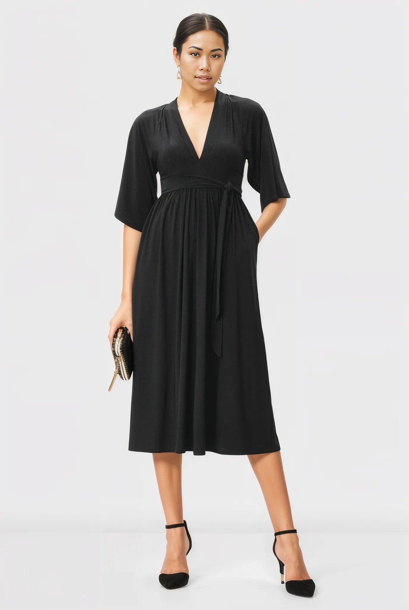 Plunge Jersey Knit Sash Tie Dress