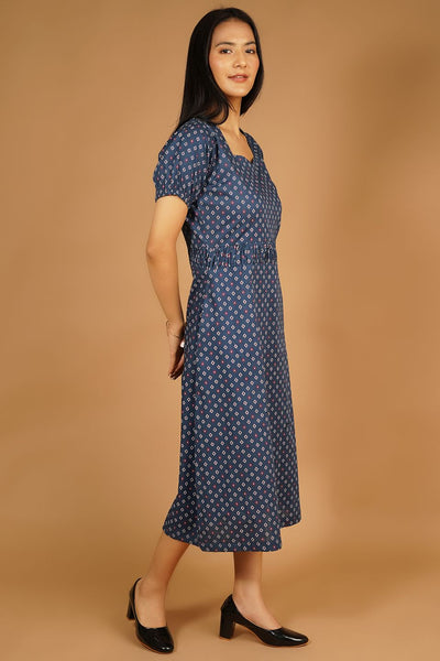 Premium Cotton Dark Blue Midi Dress