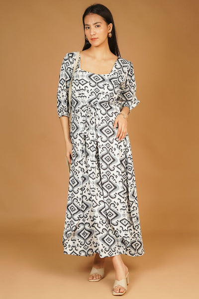 Screen Print Maxi White Dress