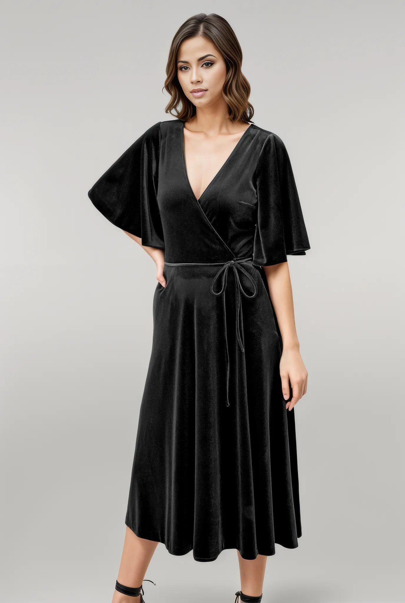 Flutter sleeve stretch velvet wrap Dress