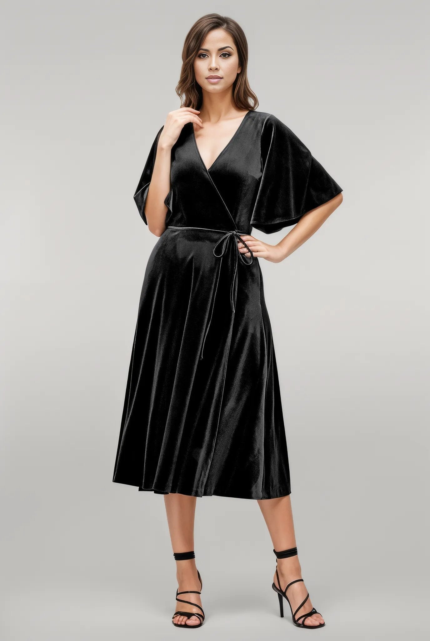 Flutter sleeve stretch velvet wrap Dress