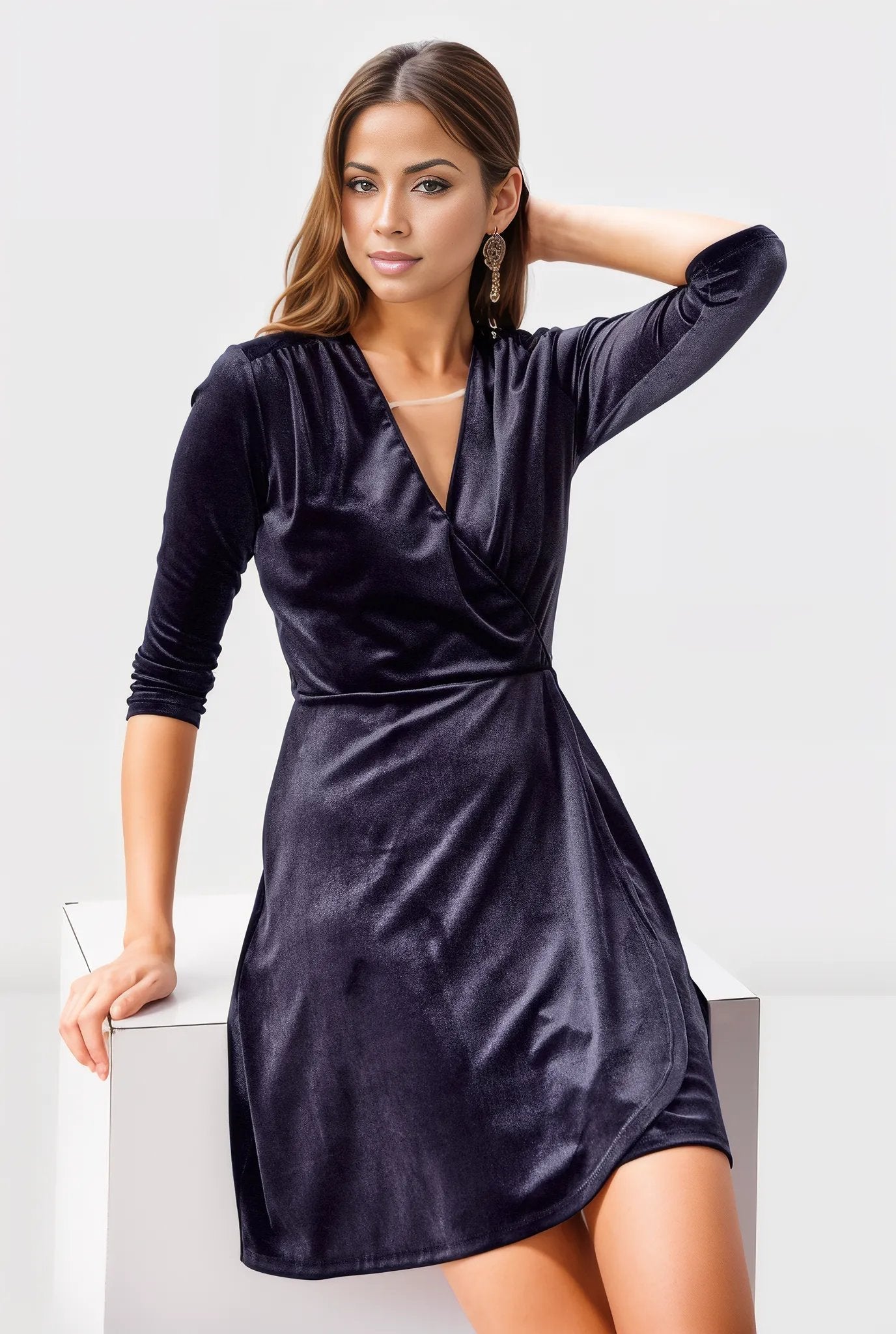 Stretch velvet faux wrap Dress