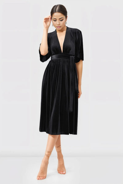 Plunge stretch velvet sash tie Dress