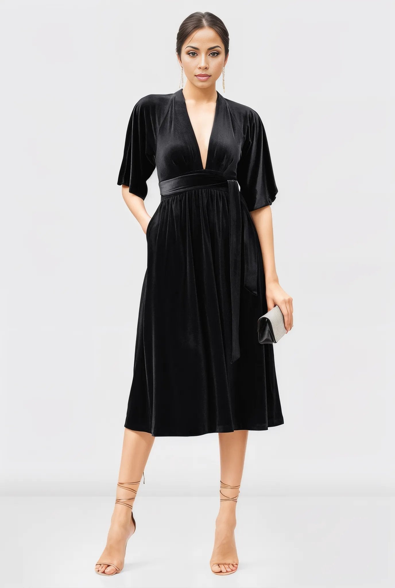 Plunge stretch velvet sash tie Dress