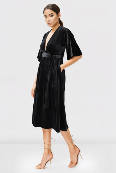 Plunge stretch velvet sash tie Dress