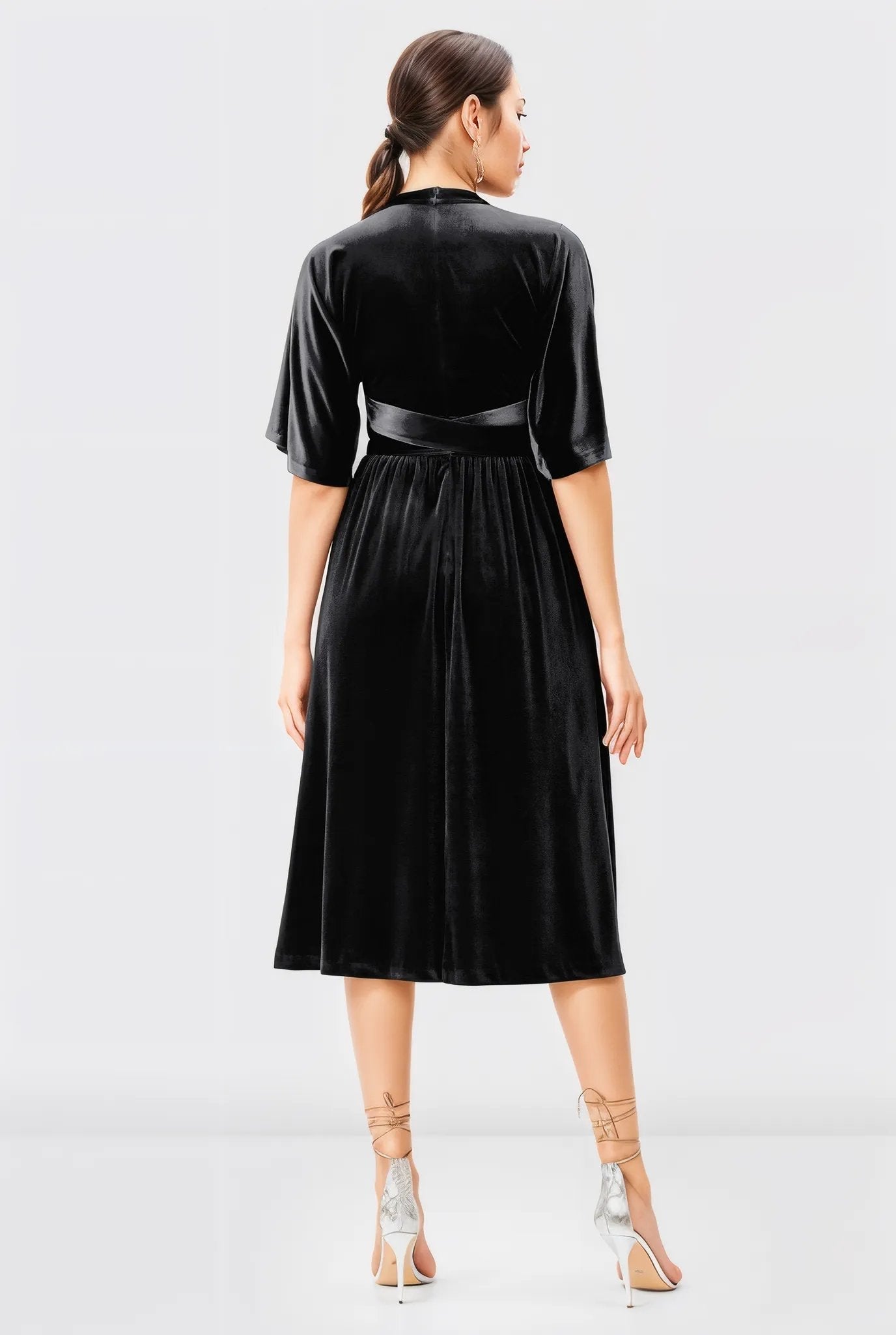 Plunge stretch velvet sash tie Dress