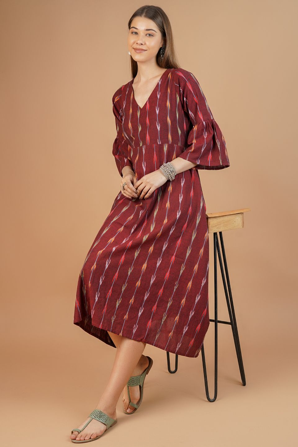 Ikat Cotton Red Midi Dress