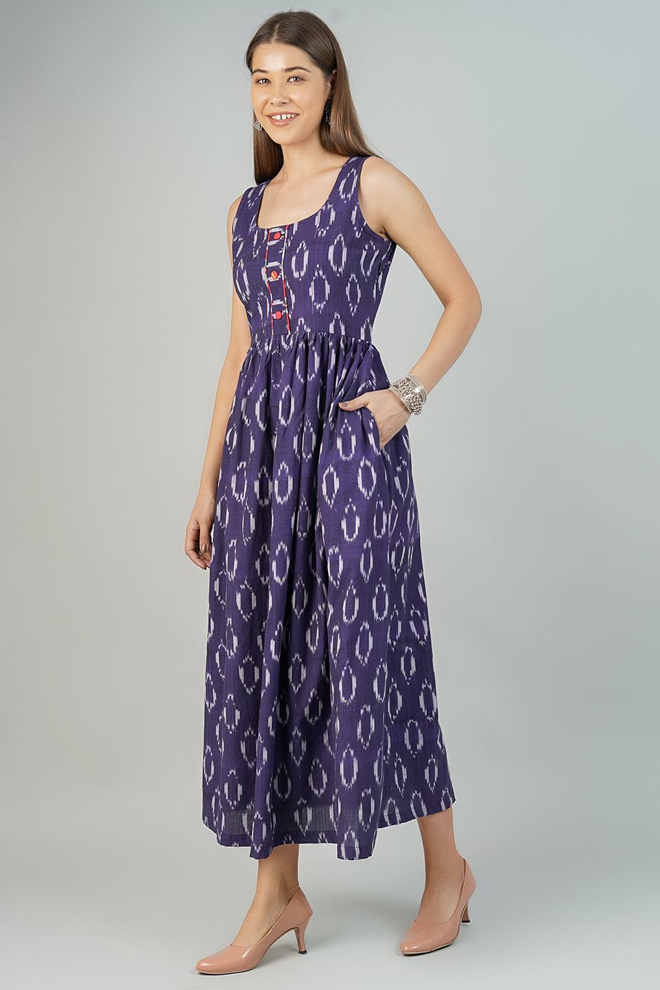 Ikat Cotton Blue Midi Dress