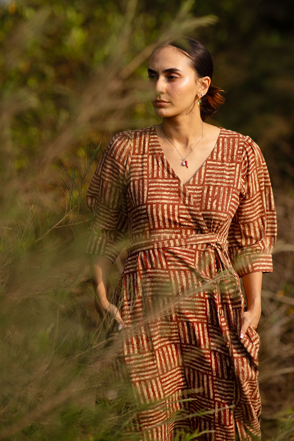 Bagru Cotton Brown Midi Dress