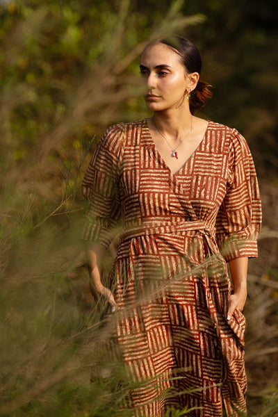Bagru Cotton Brown Midi Dress