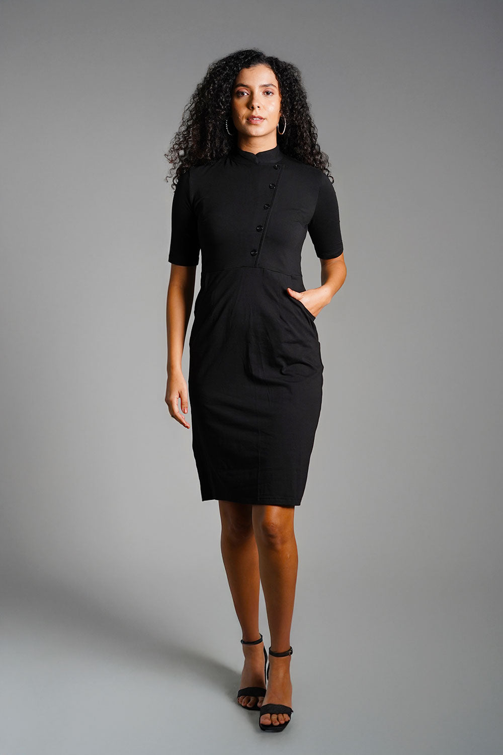Faux Button Front Black Cotton Jersey Sheath Dress