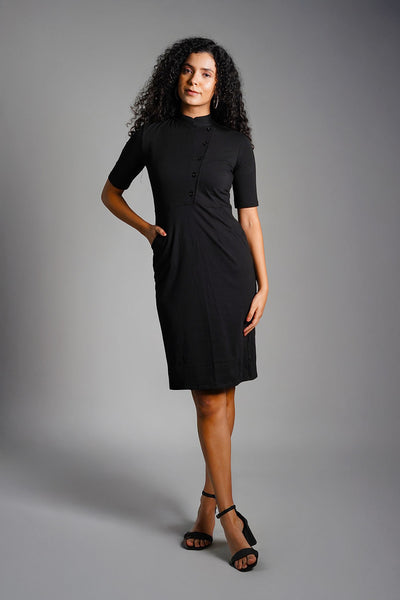 Faux Button Front Black Cotton Jersey Sheath Dress