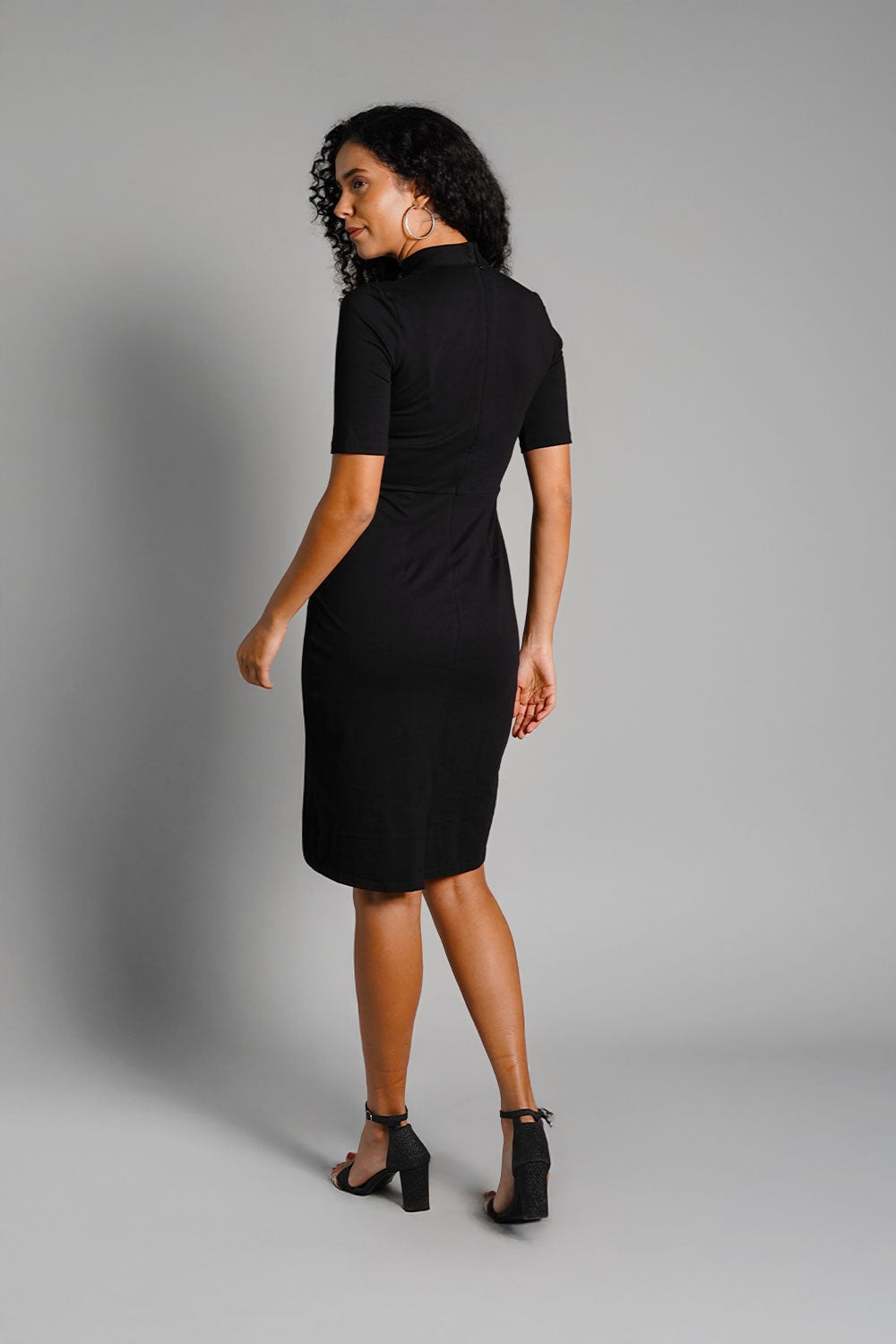 Faux Button Front Black Cotton Jersey Sheath Dress