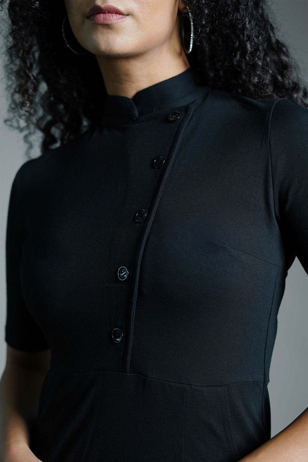 Faux Button Front Black Cotton Jersey Sheath Dress