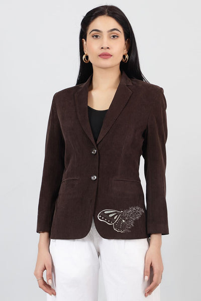 Corduroy Cotton Brown Embroidery Blazer