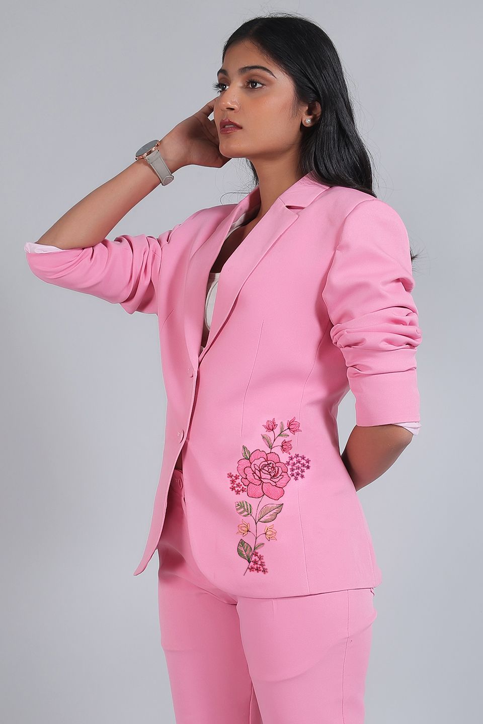 Pink Floral Embroidered Blazer