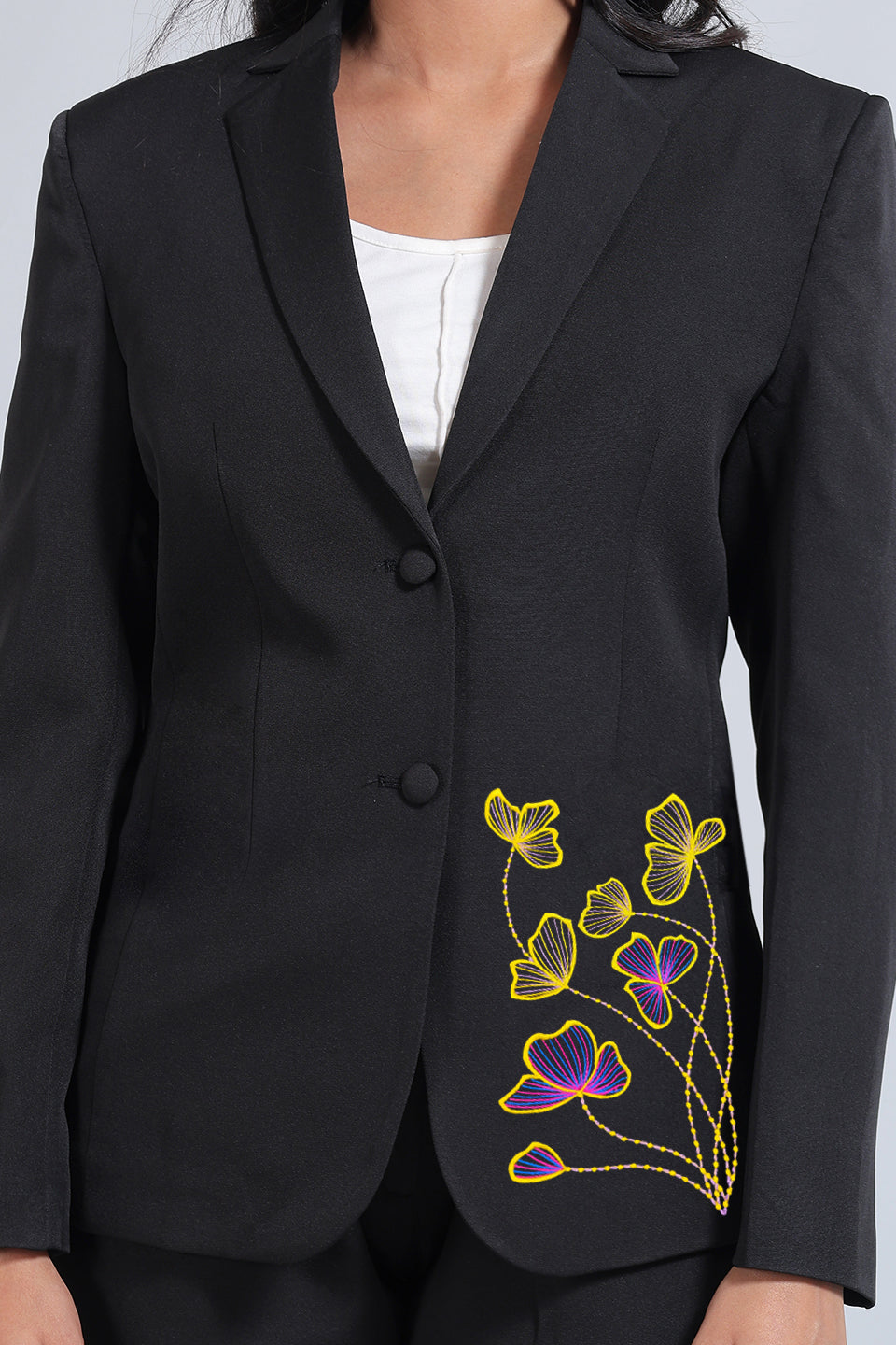 Polyester Cotton Black Blazer with Floral Embroidery