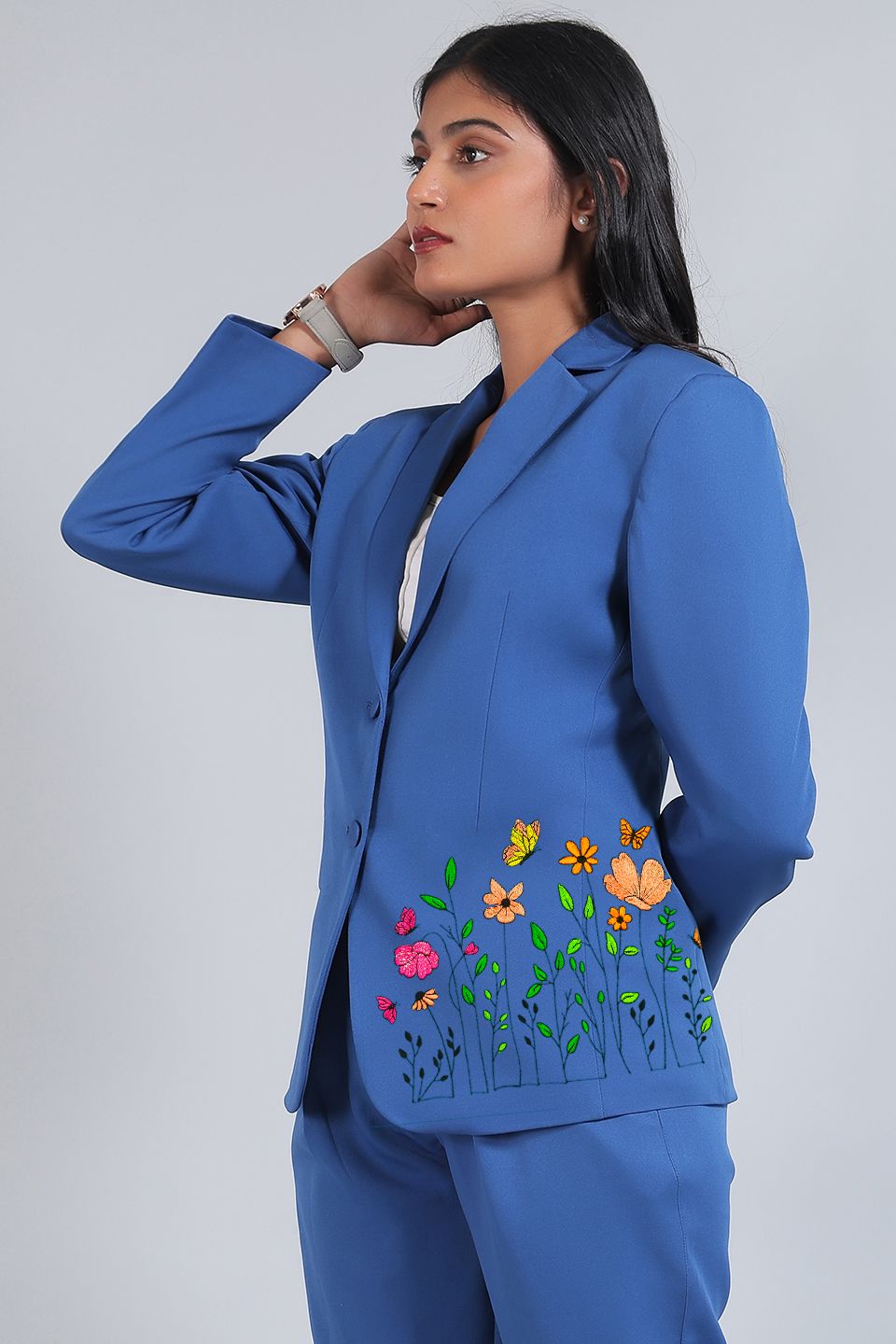 Blue Floral Embroidered Blazer