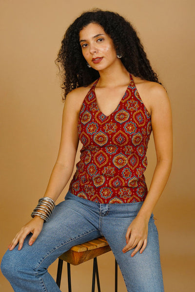 Red Blockprint Cotton CORSET TOP
