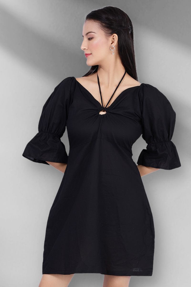 Cotton Linen Mini Black Dress