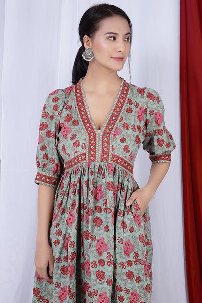 Bagru Jaipur Cotton  Multicolored Midi Dress 