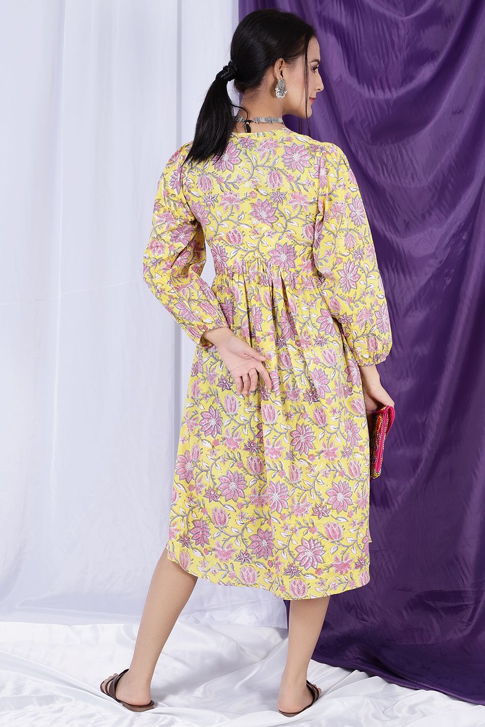 Bagru Jaipur Cotton  Yellow Midi Dress 