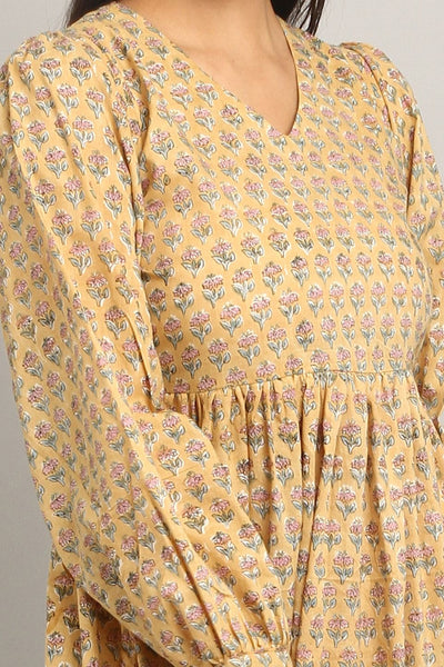 Bagru Yellow Cotton Midi Dress
