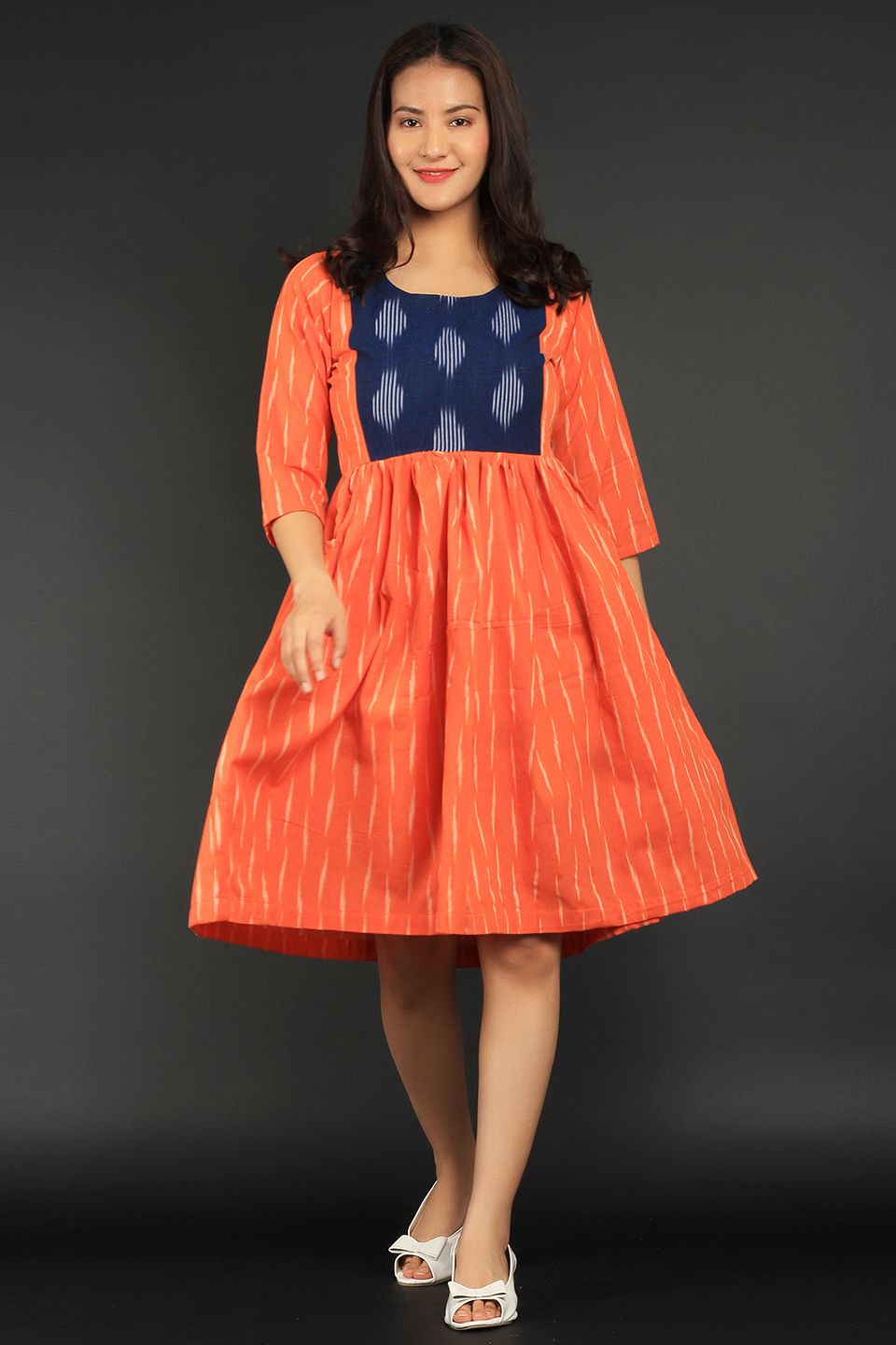 Ikat Orange Cotton Midi Dress