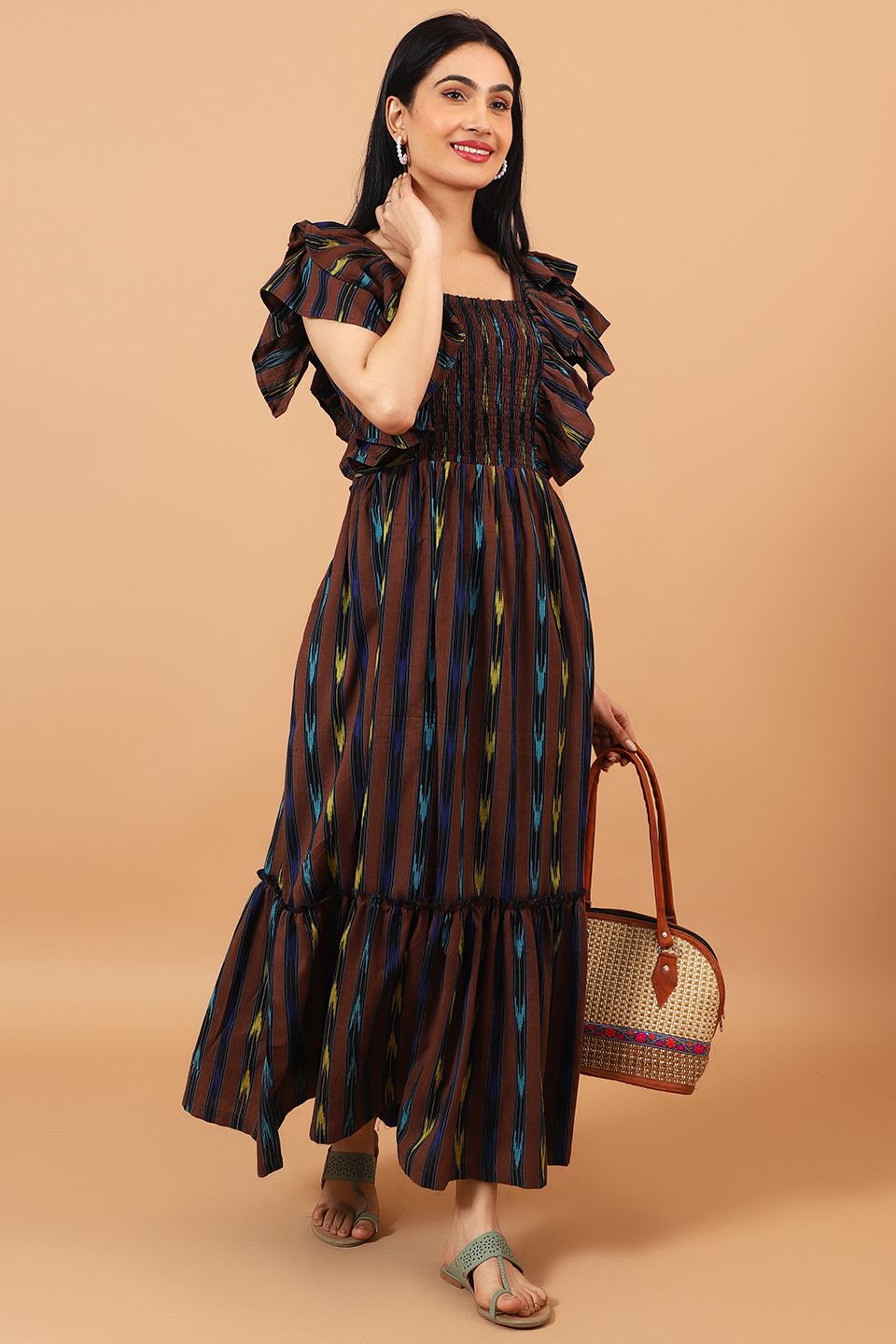 Ikat-Brown-Cotton-Maxi-Dress-DS300