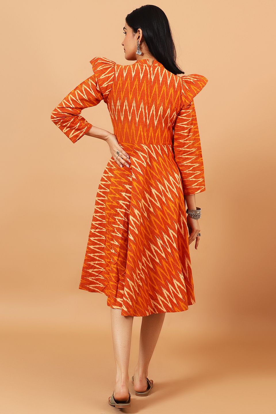 Ikat-Orange-Cotton-Midi-Dress-DS306