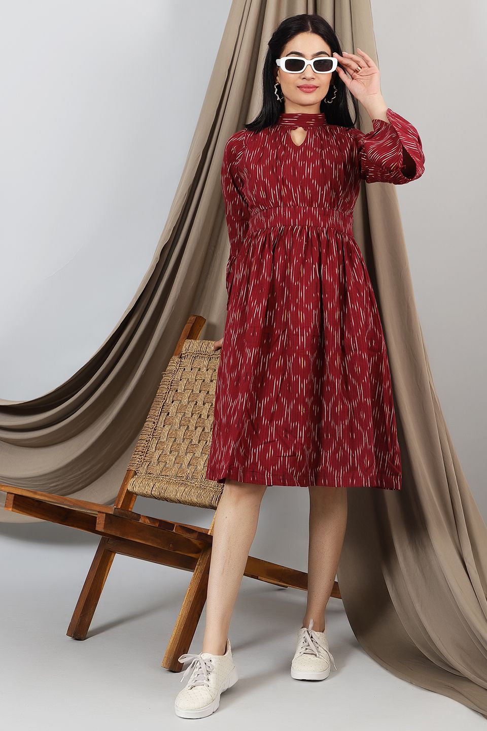 Ikat-Red-Cotton-Midi-Dress-DS315