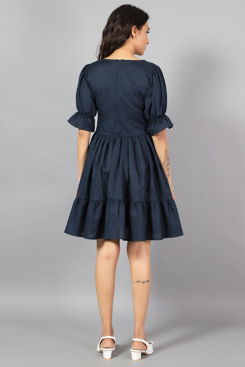 Cotton Linen Mini Navy Blue Dress